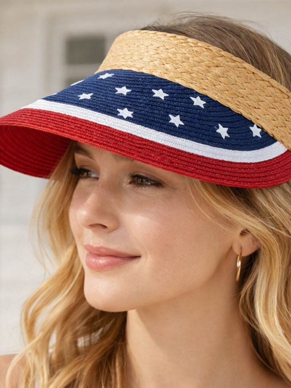 American USA Flag Straw Woven Adjustable Sun Visor Hat